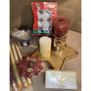Lot of 8 VINTAGE Assorted Candles and Gold Candle Plate